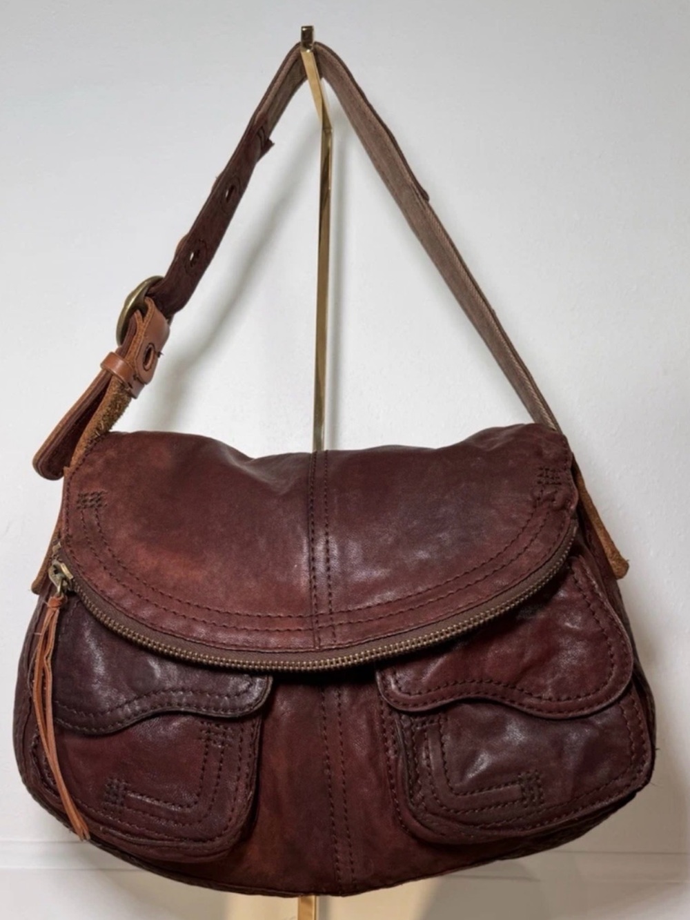 LUCKY BRAND WOMENS SHOULDER BAG BROWN LEATHER BOHO VINTAGE STYLE
